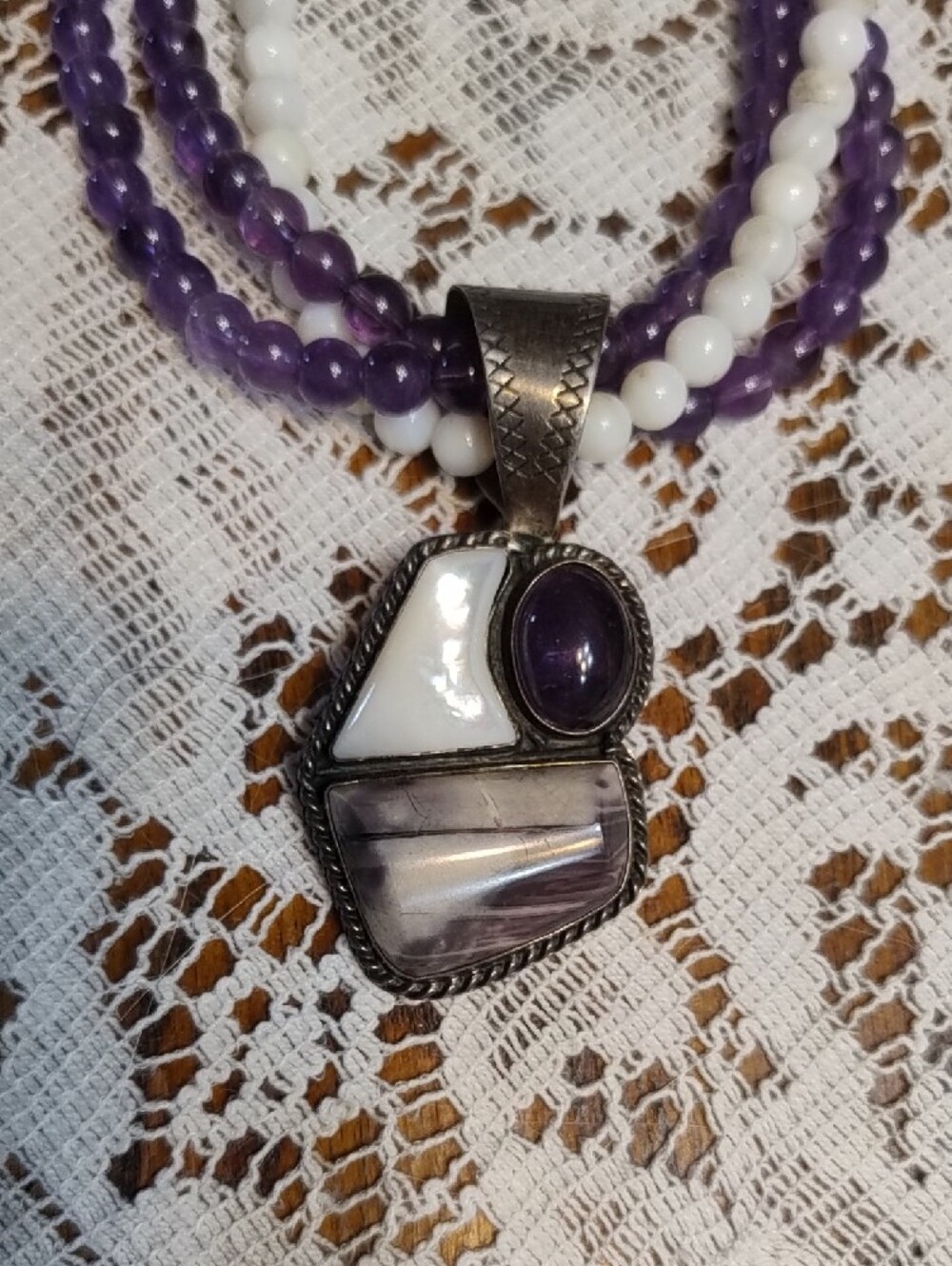 Triple Strand Amethyst And Mother Of Pearl Beaded Necklace with Pendant